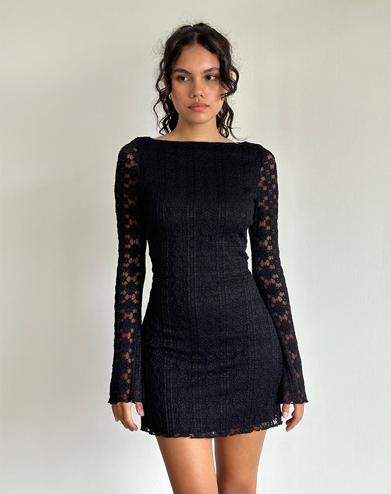Mini Vestido de Manga Larga Sevila en Encaje Regal Negro