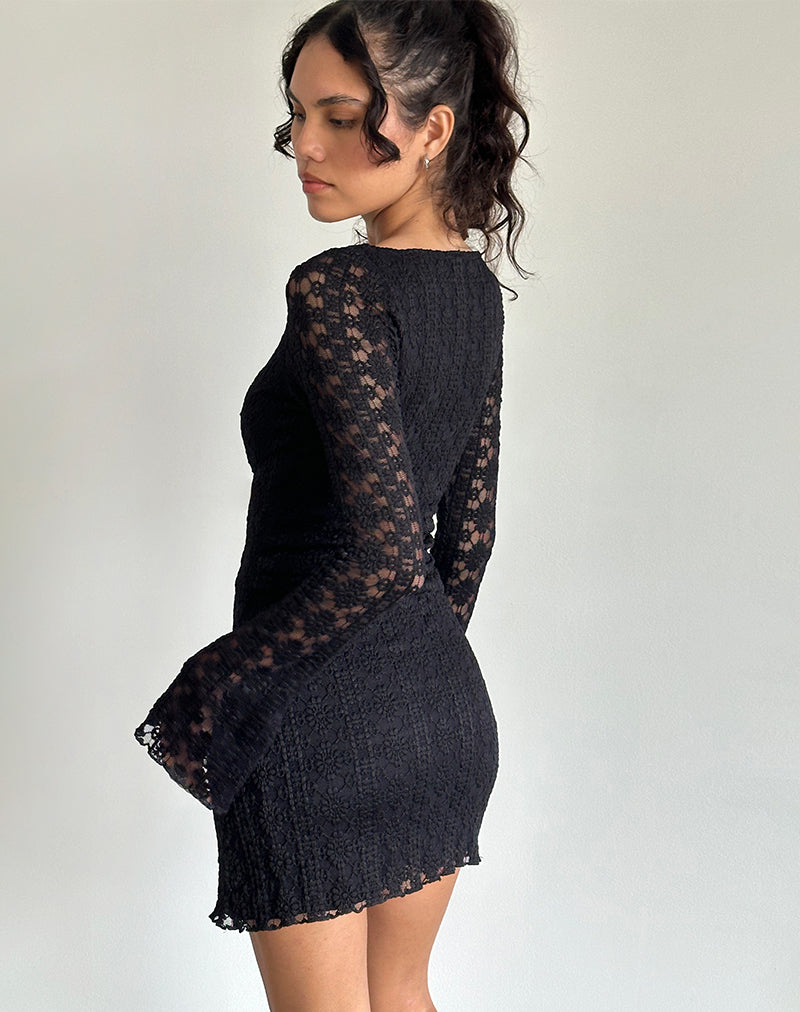 Imagen de Sevila Mini Vestido de Manga Larga en Encaje Regal Negro