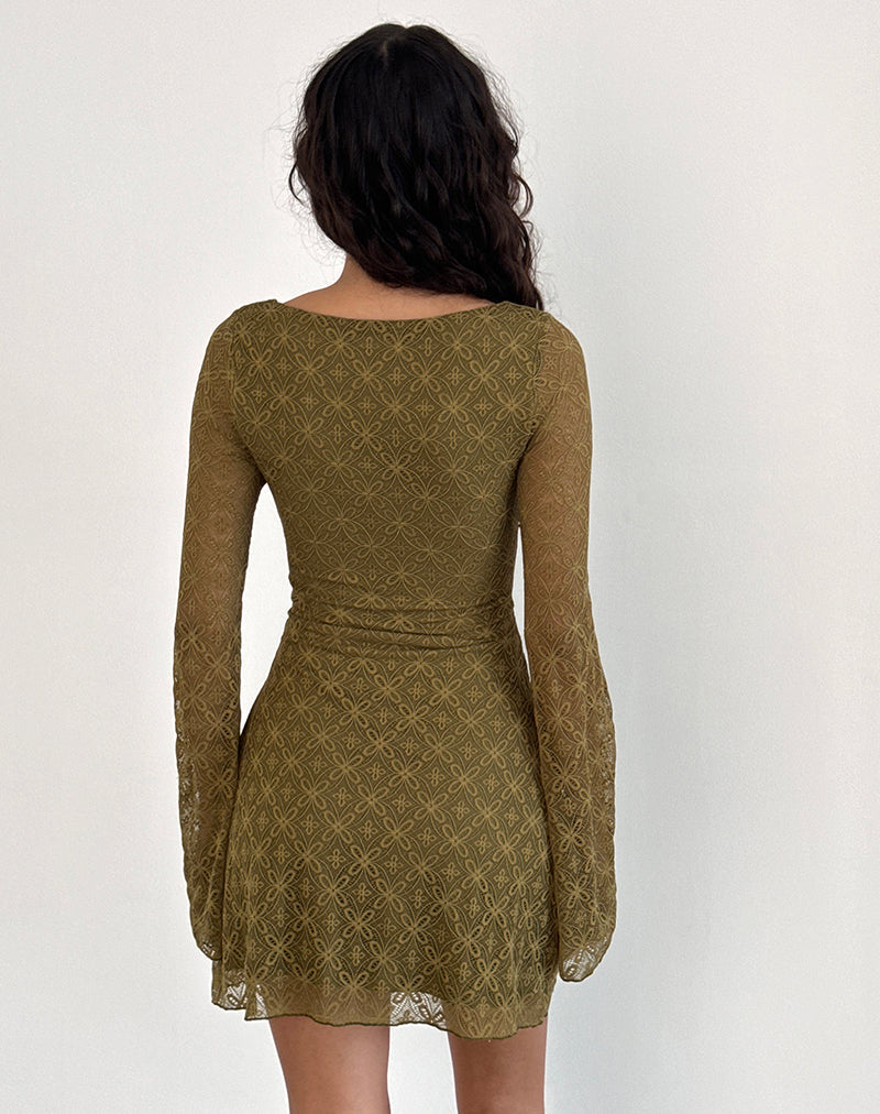 Minivestido Sevila de manga larga en verde musgo texturizado