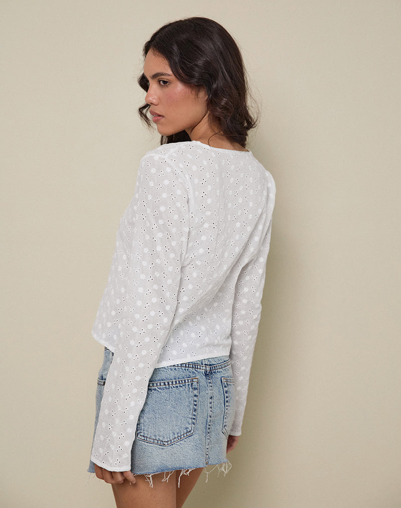 Imagen de Sewindu Tie Front Long Sleeve Top in Broderie Ivory