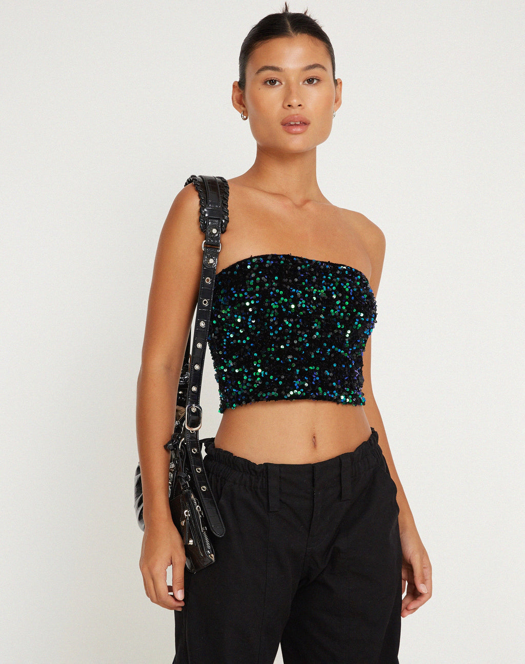 Shae Bandeau Top en Mini Lentejuelas Verde Iridiscente