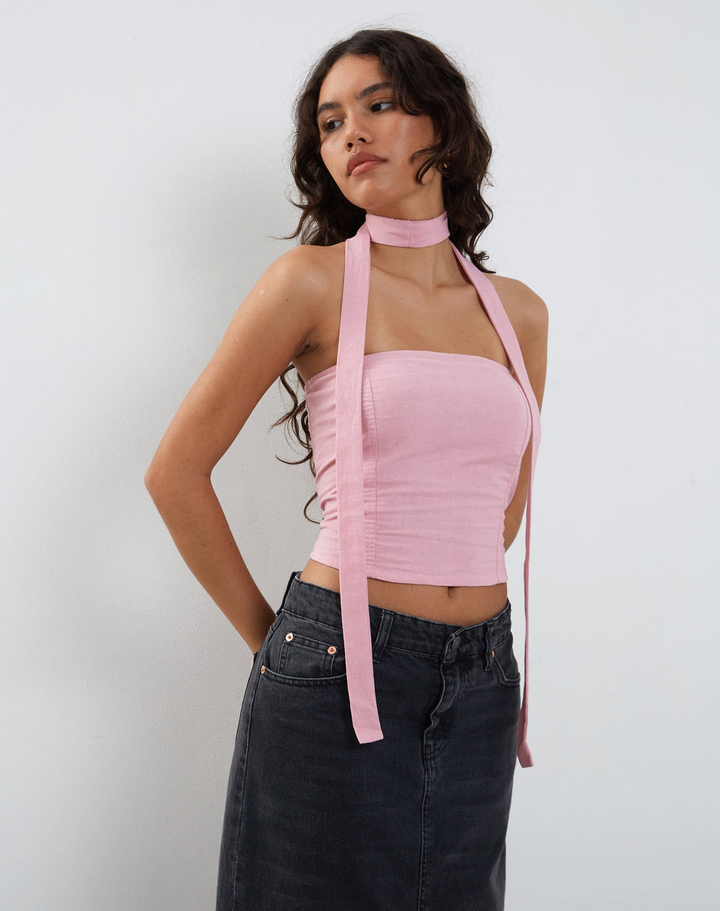 Conjunto de top bandeau y pañuelo Shaloe en rosa flamingo