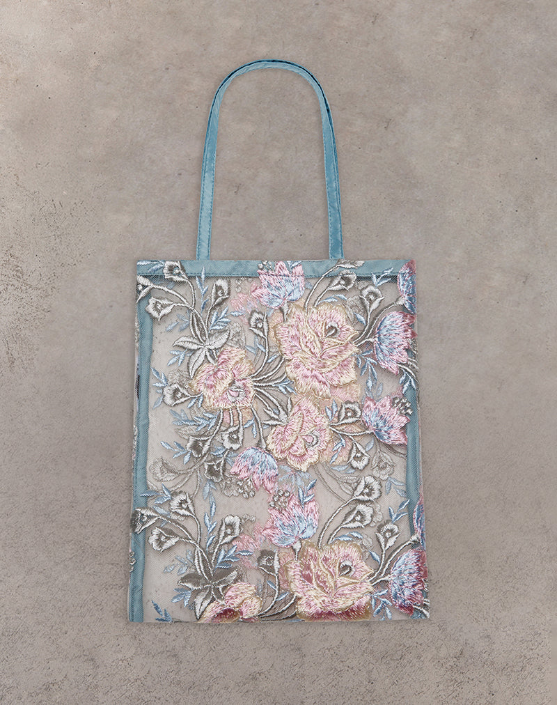 Bolsa Shi en encaje natural bordado con ribete de raso azul