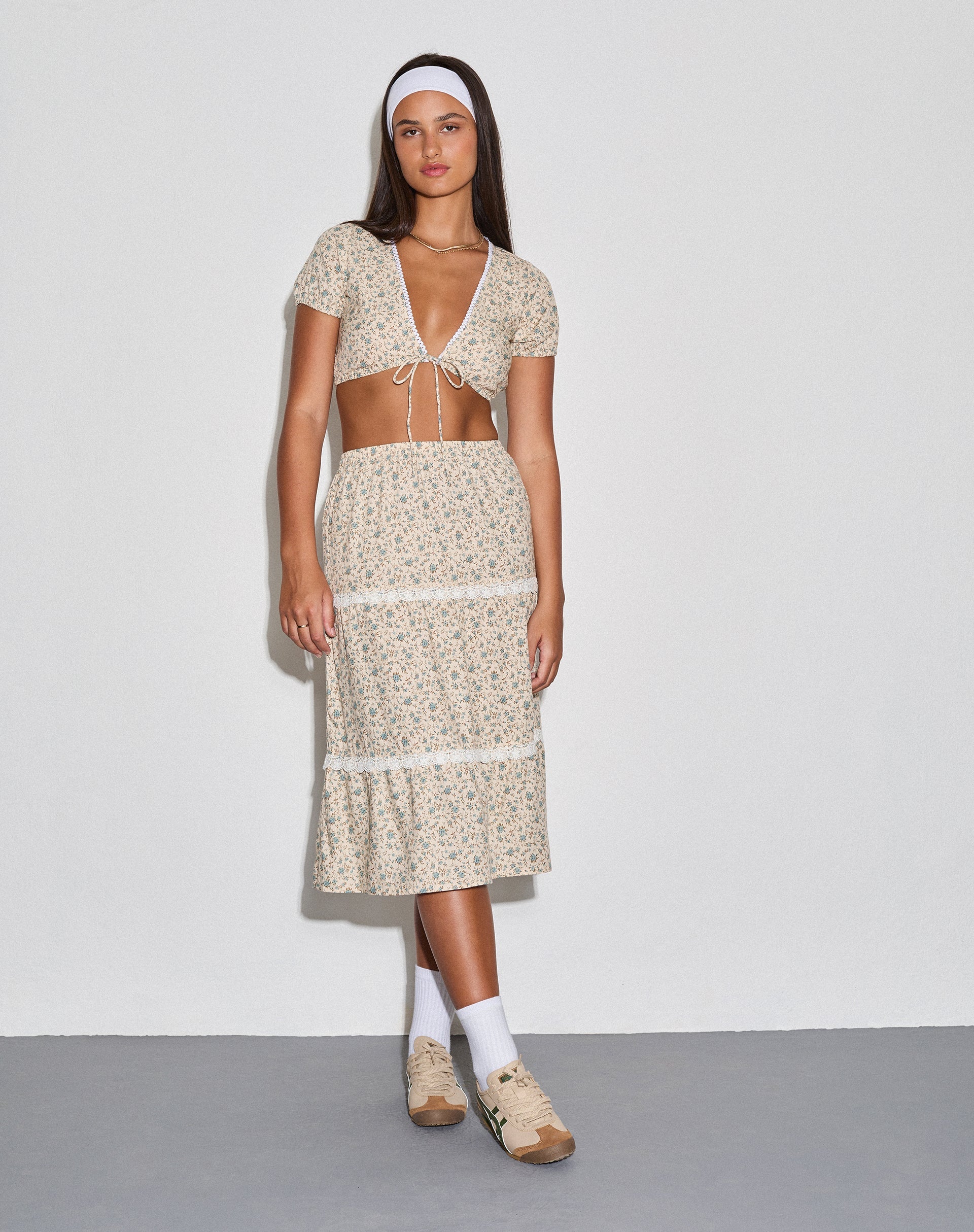 Imagen de Maxce Falda Midi en Azul Antiguo y Floral Marfil