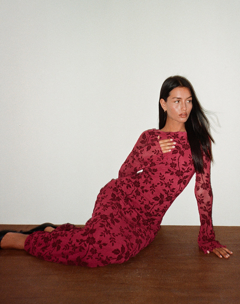 Imagen de Slokya Maxi Vestido de Manga Larga en Enredadera Floral Flock Cherry