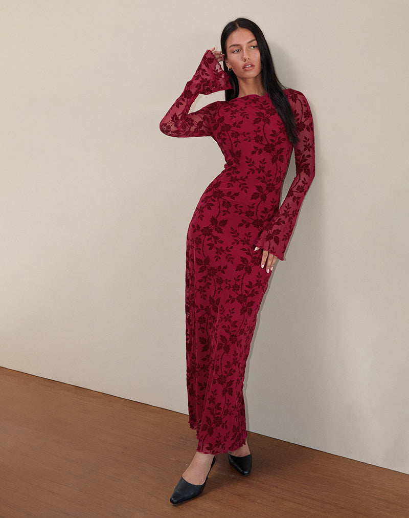 Imagen de Slokya Maxi Vestido de Manga Larga en Enredadera Floral Flock Cherry