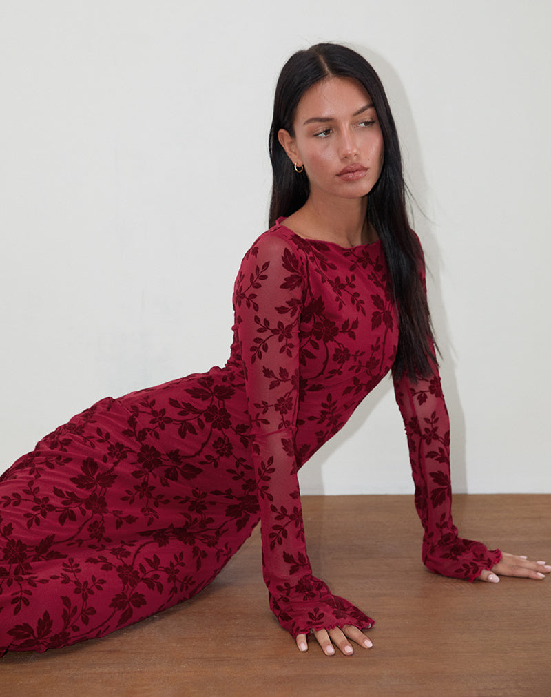 Imagen de Slokya Maxi Vestido de Manga Larga en Enredadera Floral Flock Cherry