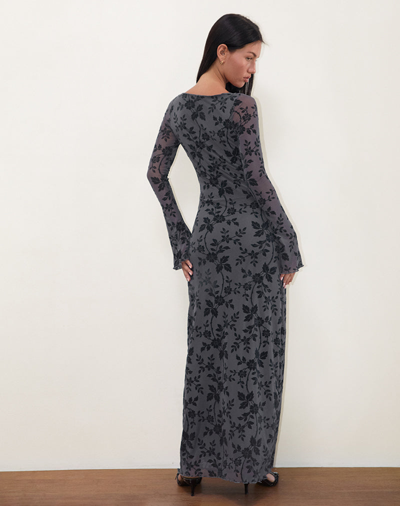 Imagen de Slokya Maxi Vestido de Manga Larga en Enredadera Floral Flock Ocean Storm