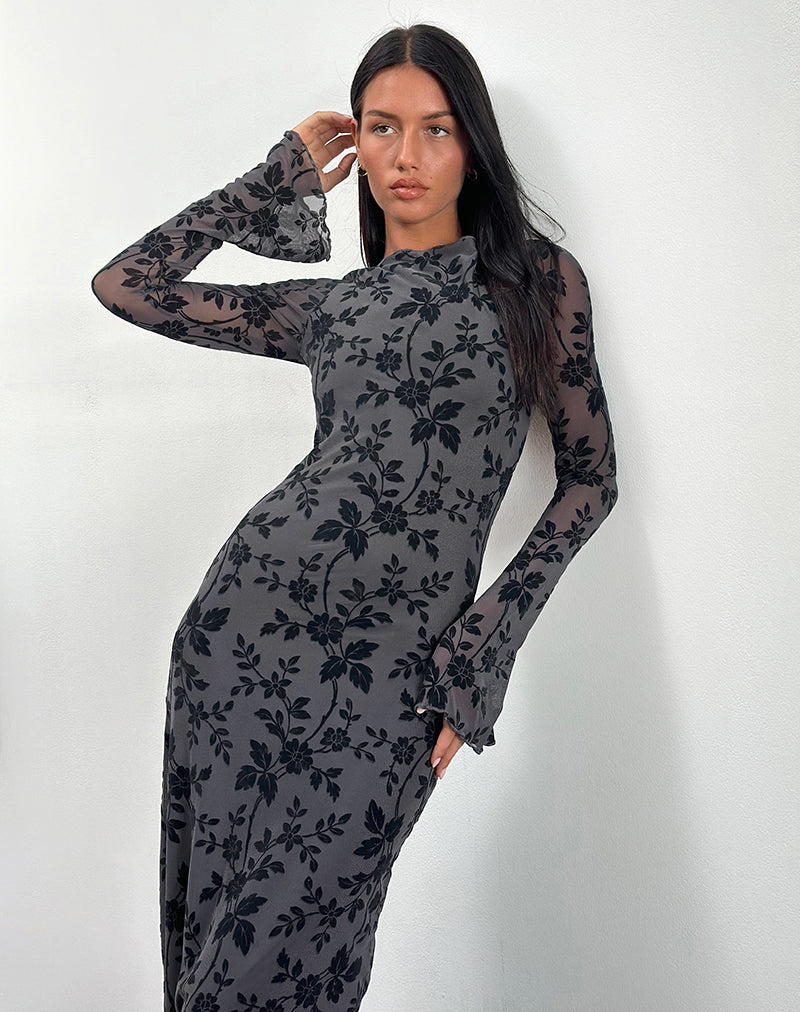 Imagen de Slokya Maxi Vestido de Manga Larga en Enredadera Floral Flock Ocean Storm