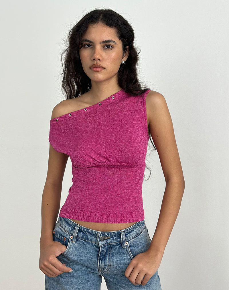 Top Sojin en lúrex rosa con ojales