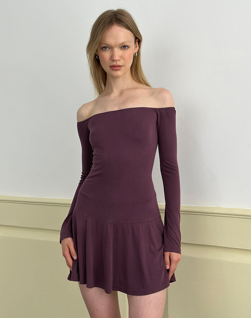 Somiah Mini Vestido Bardot en Cupro Morado Profundo