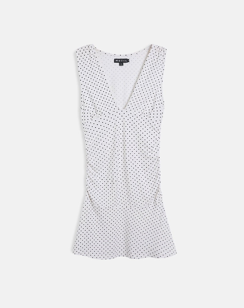 Mini Vestido Luscian Plunge en Blanco con Micro Polka Negro