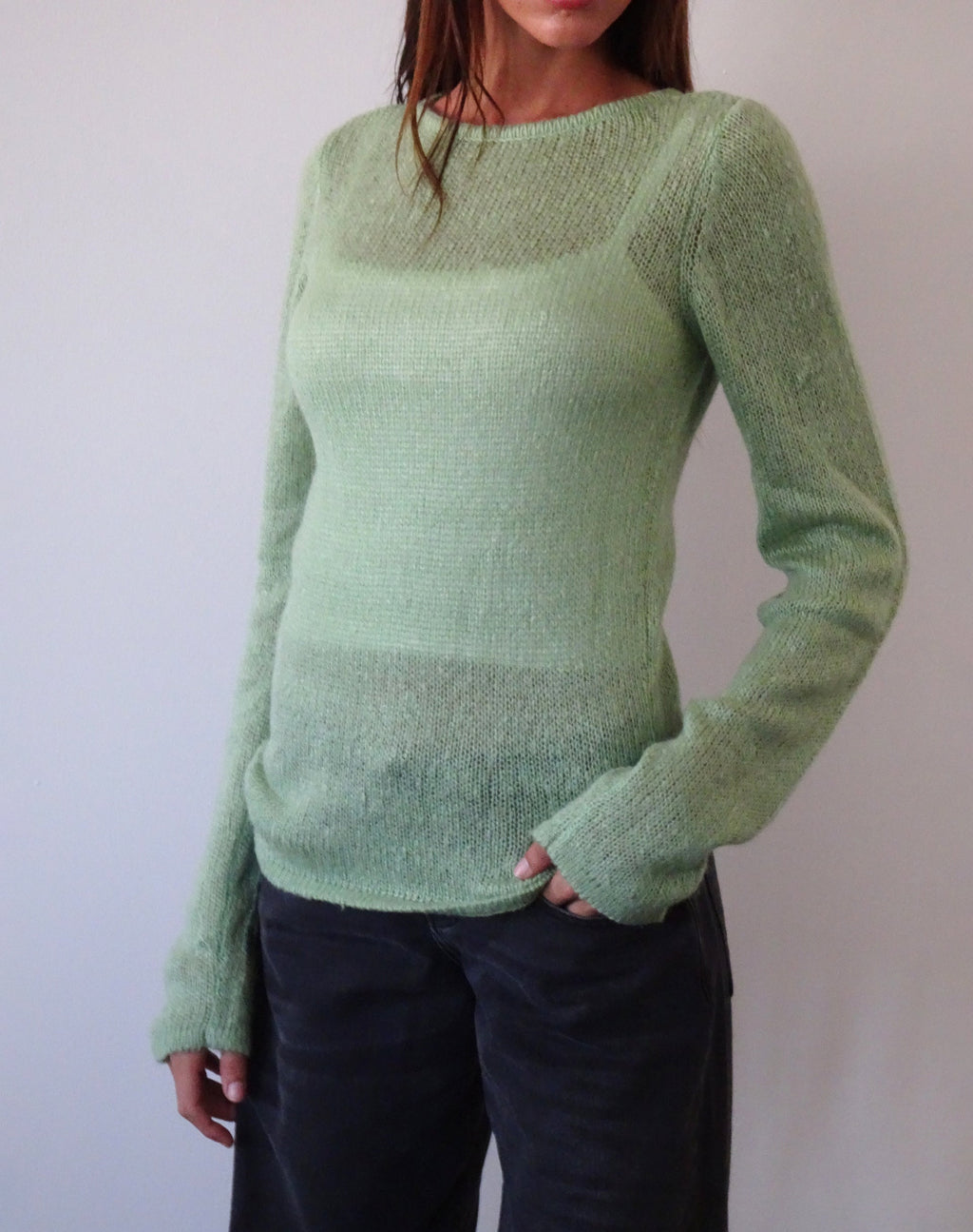 Sukana Top de manga larga de punto transparente en verde claro