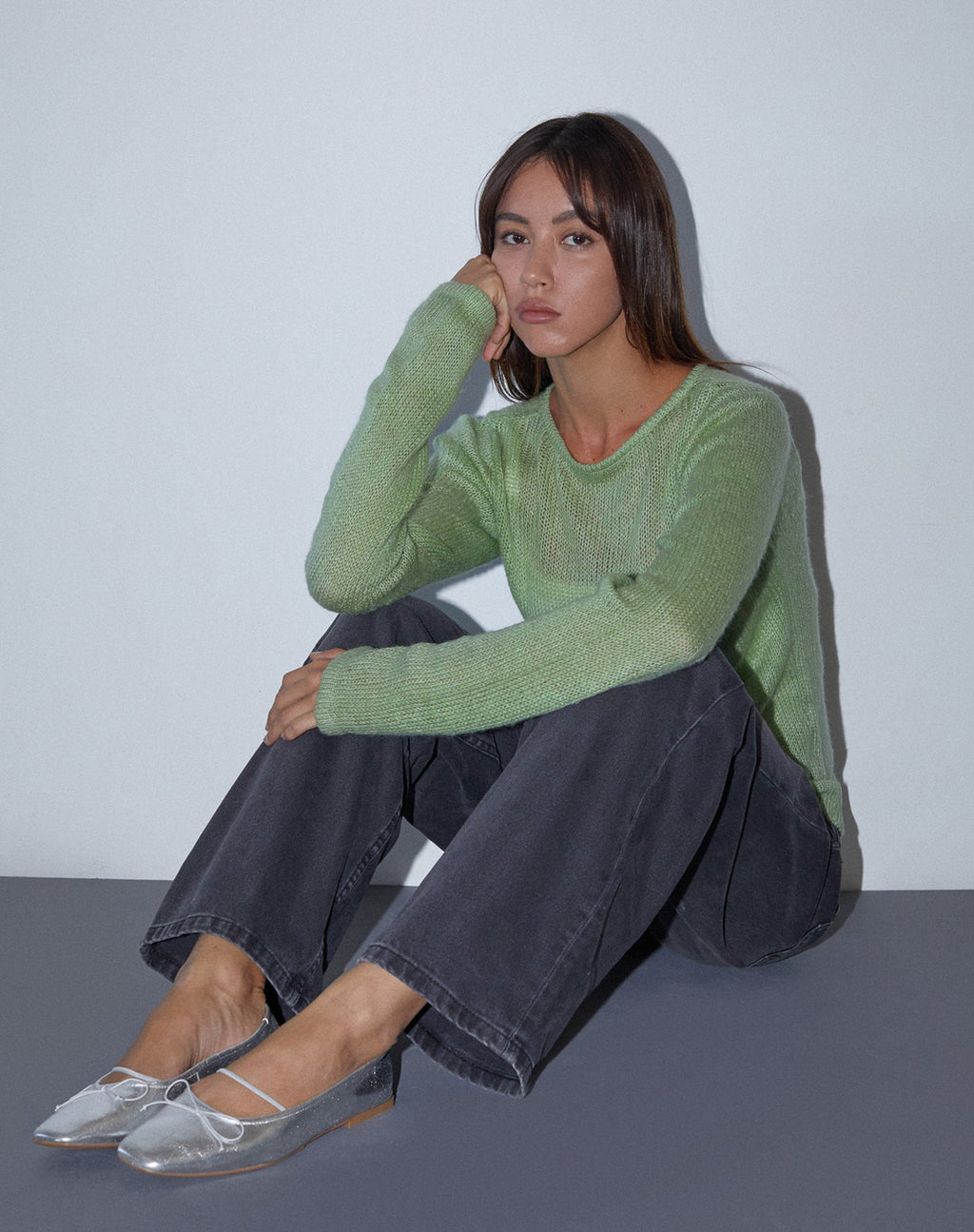 Sukana Top de manga larga de punto transparente en verde claro