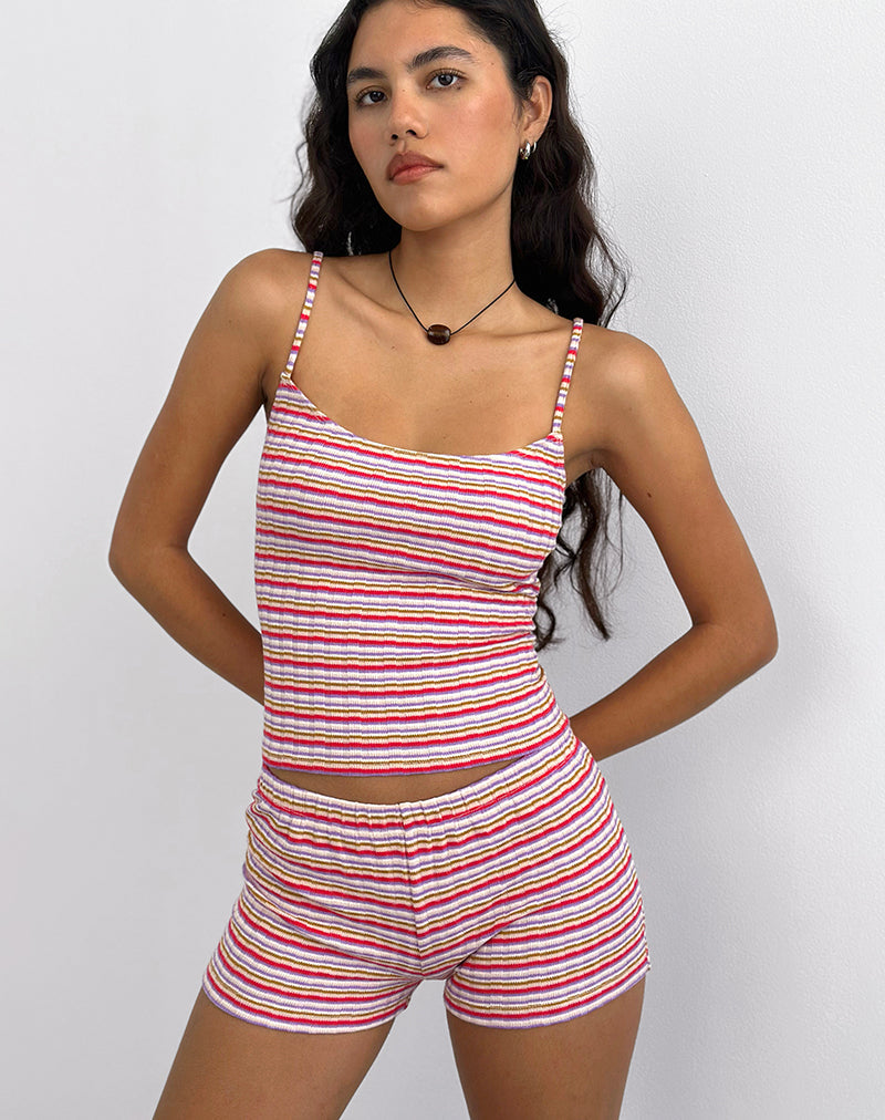 Pantalón corto Eunia en canalé de rayas rosa y lila