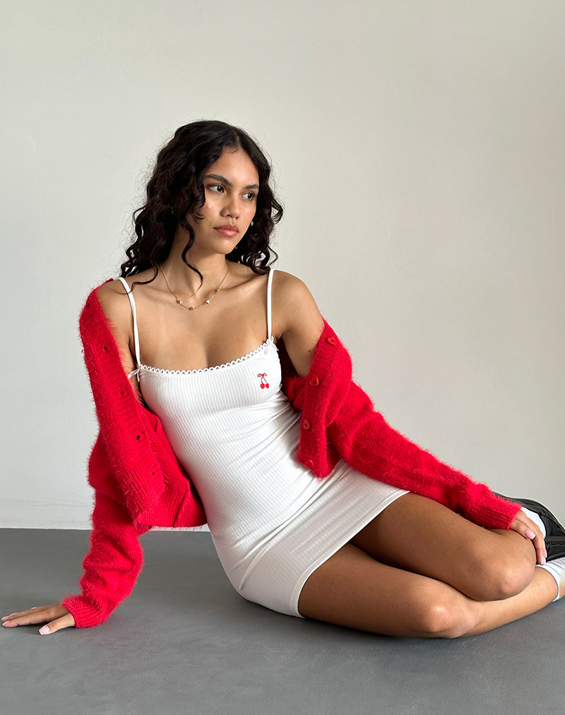 Minivestido Sunali en blanco roto con adornos de cerezas