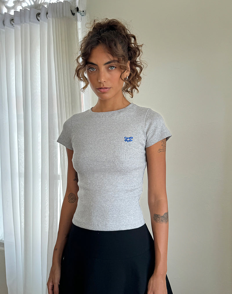 Imagen de Suti Tee in Grey Marl with Cobalt Blue Bow Embroidery