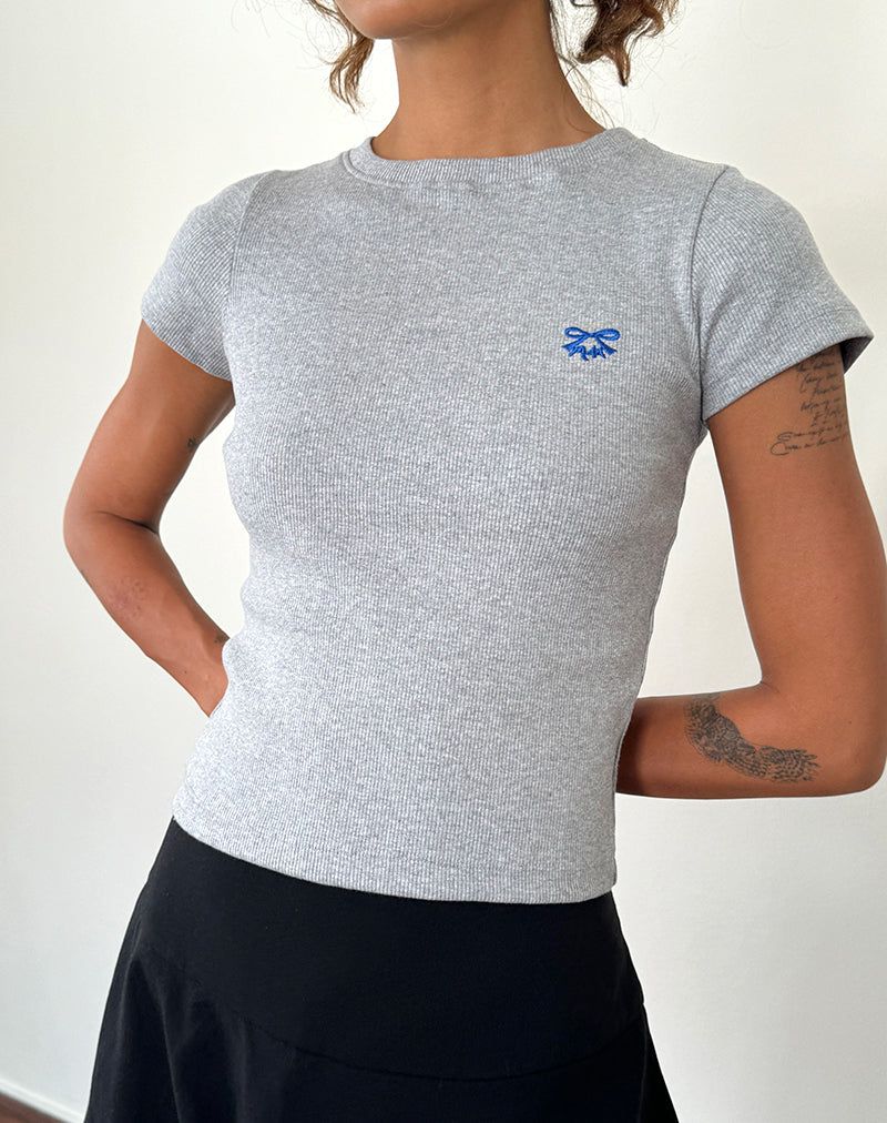 Imagen de Suti Tee in Grey Marl with Cobalt Blue Bow Embroidery