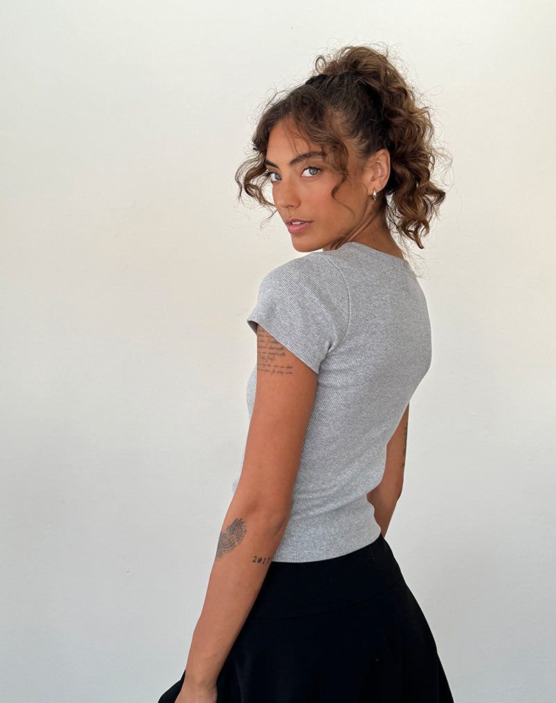 Imagen de Suti Tee in Grey Marl with Cobalt Blue Bow Embroidery