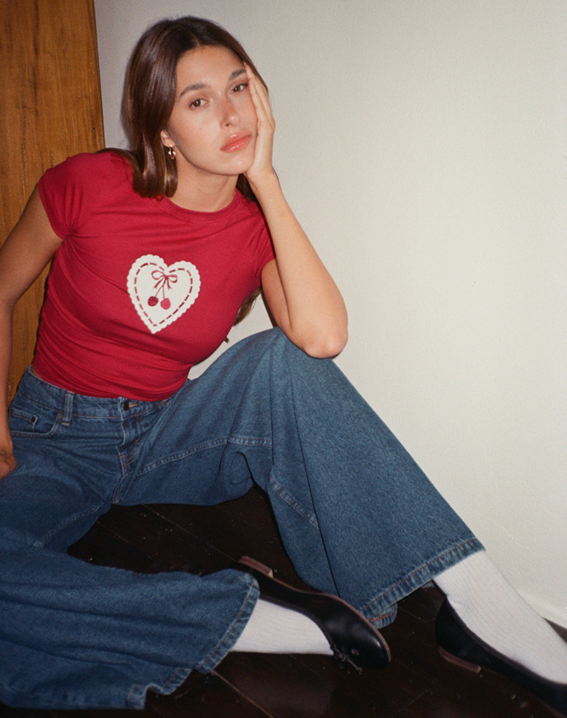 Imagen de Sutin Baby Tee in Adrenaline Red with Embroidered Cherry Heart