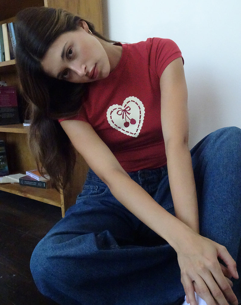 Imagen de Sutin Baby Tee in Adrenaline Red with Embroidered Cherry Heart