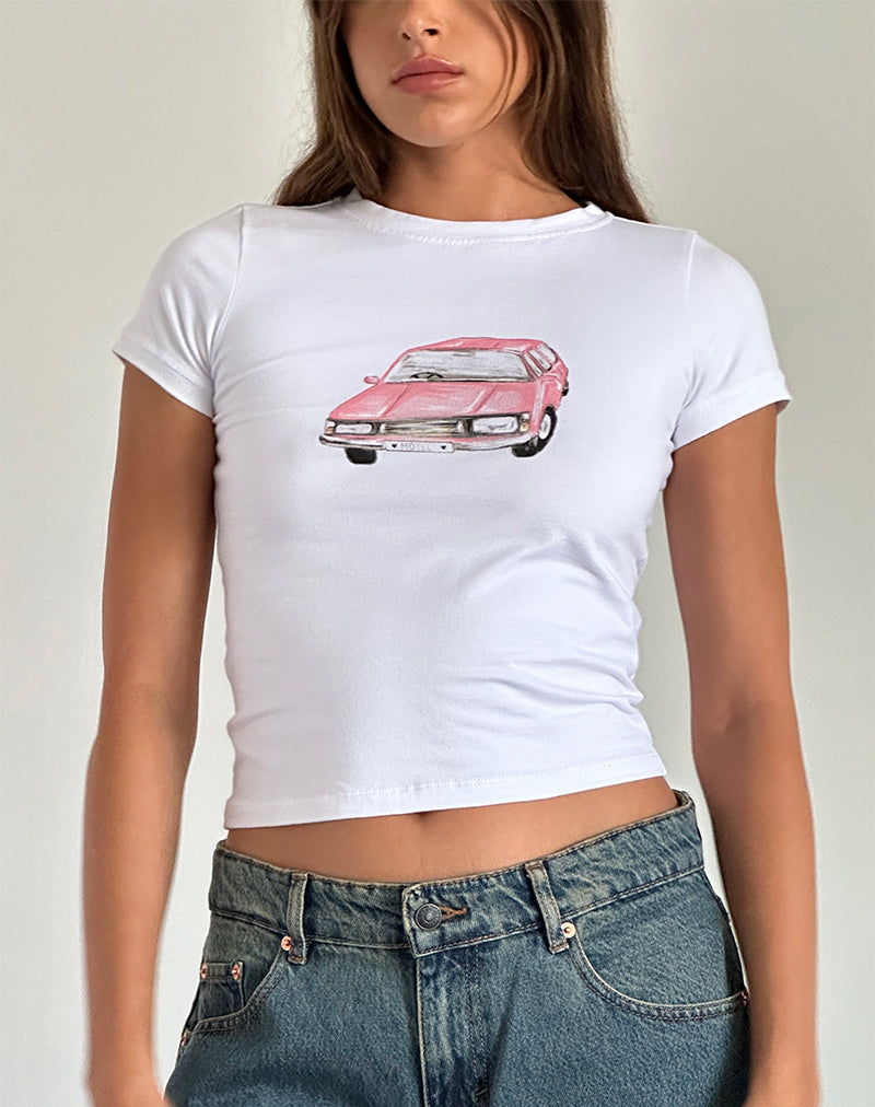 Sutin Baby Tee en blanco con Scribble Car Graphic