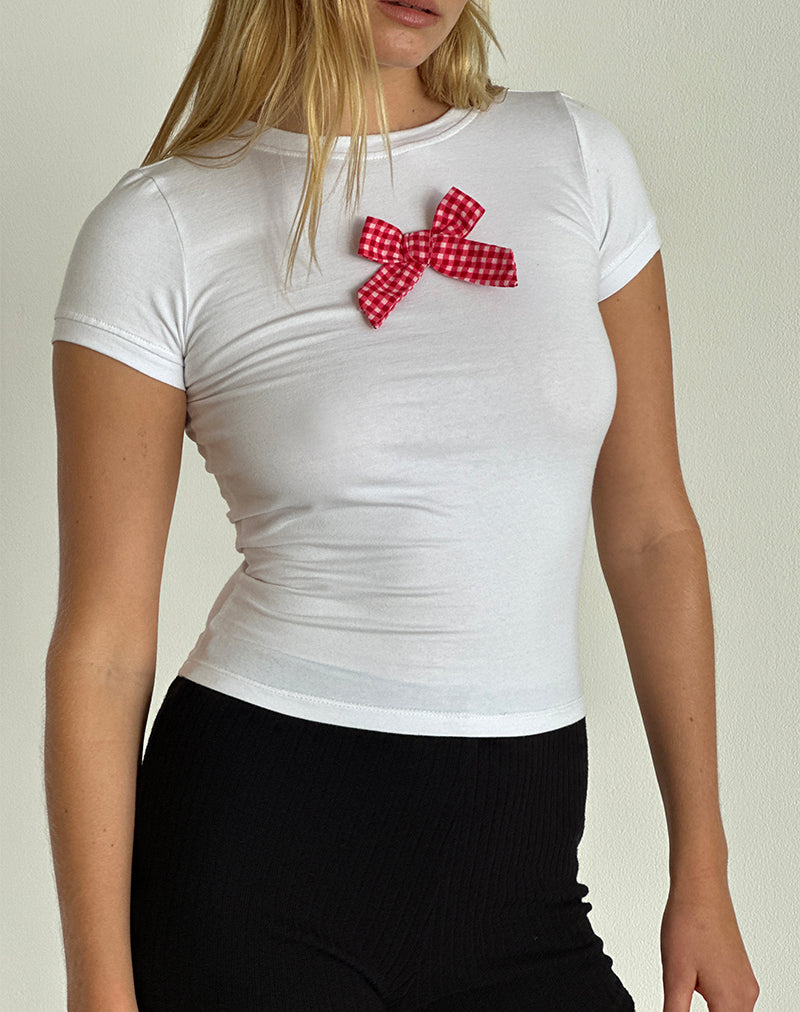 Camiseta Sutin blanca con lazo de guinga rojo