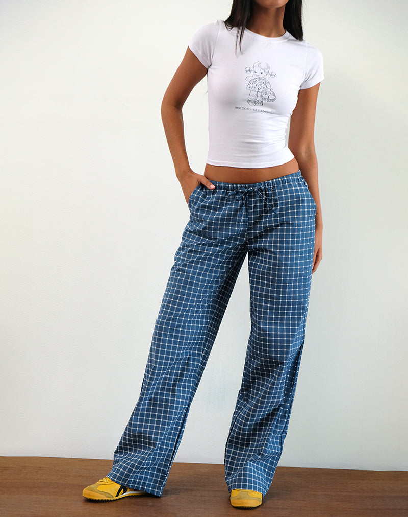 Image of Lirura Pantalón de tiro bajo en popelina de tartán azul marino