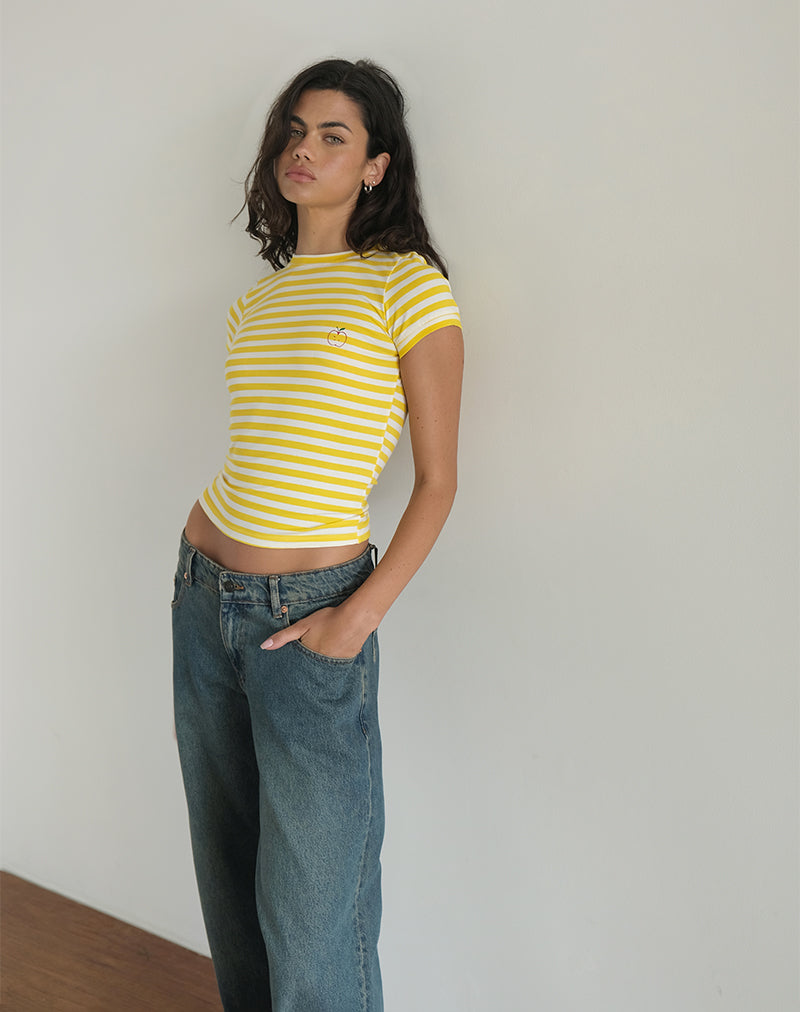 imagen de Sutin Tee in Yellow with White Stripe Apple Print