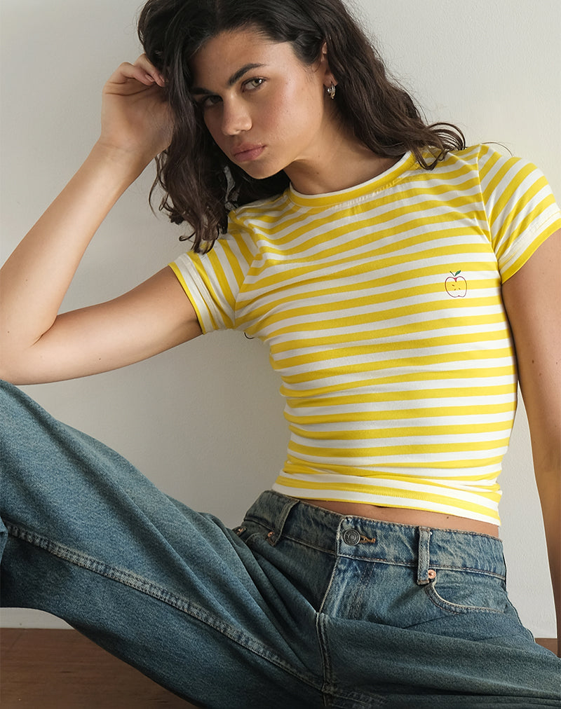 imagen de Sutin Tee in Yellow with White Stripe Apple Print