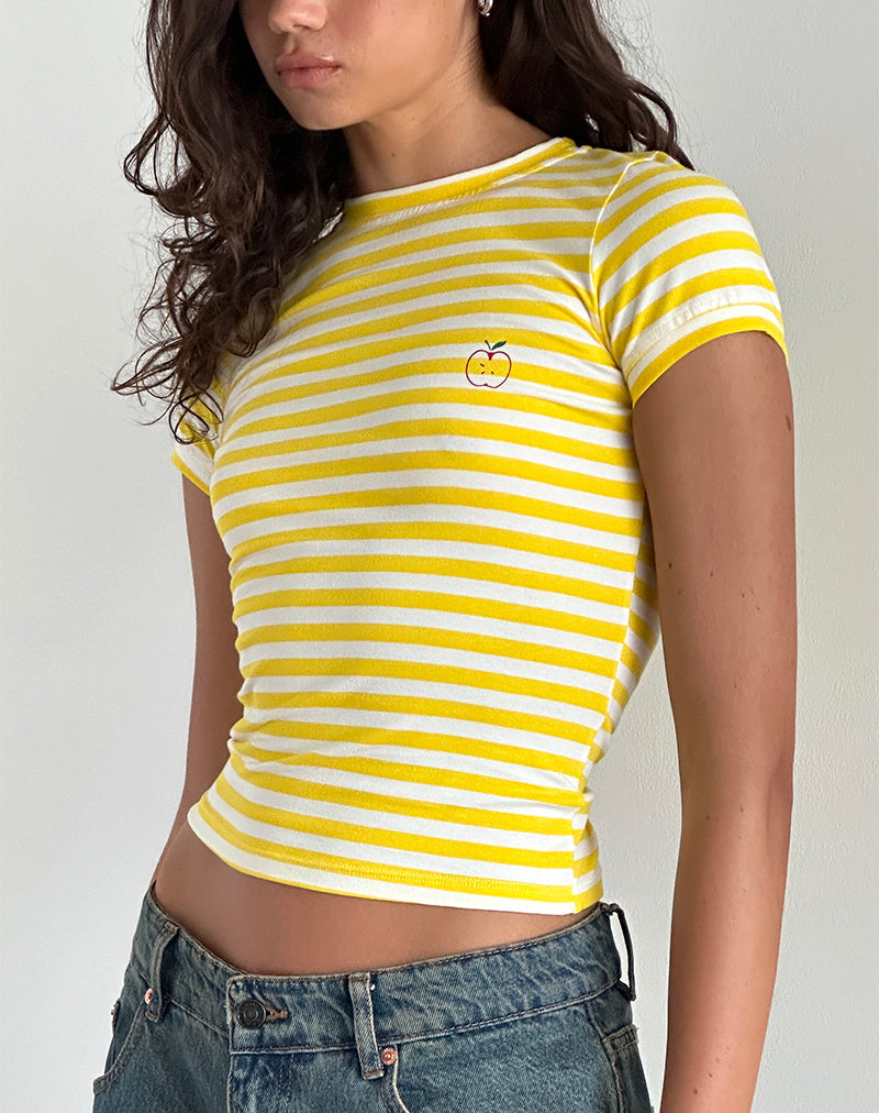 Camiseta Sutin en amarillo con estampado de manzana a rayas blancas