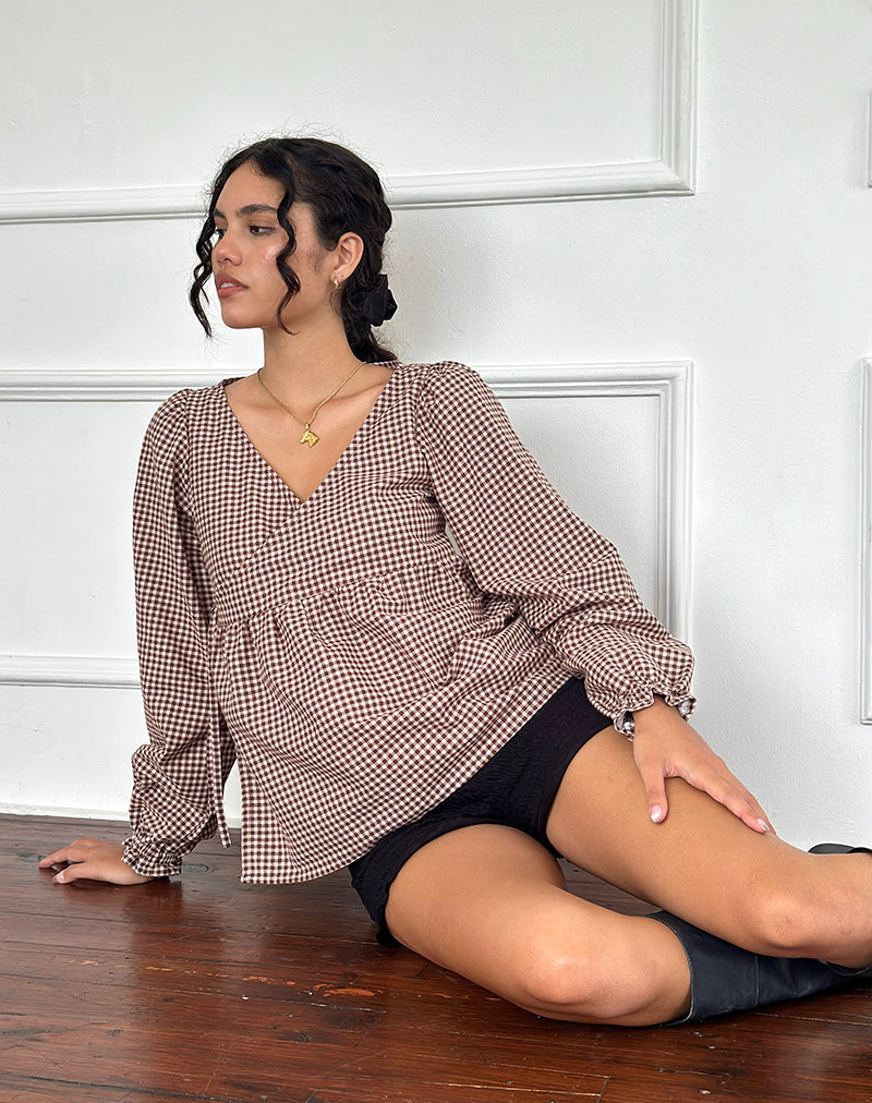 Imagen de Suzumi Wrap Blouse in Mini Gingham Marrón