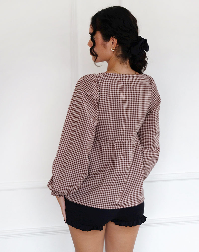 Imagen de Suzumi Wrap Blouse in Mini Gingham Marrón