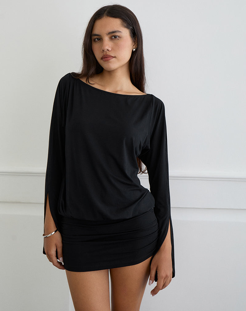 Minivestido de manga murciélago con corte Sybe en negro
