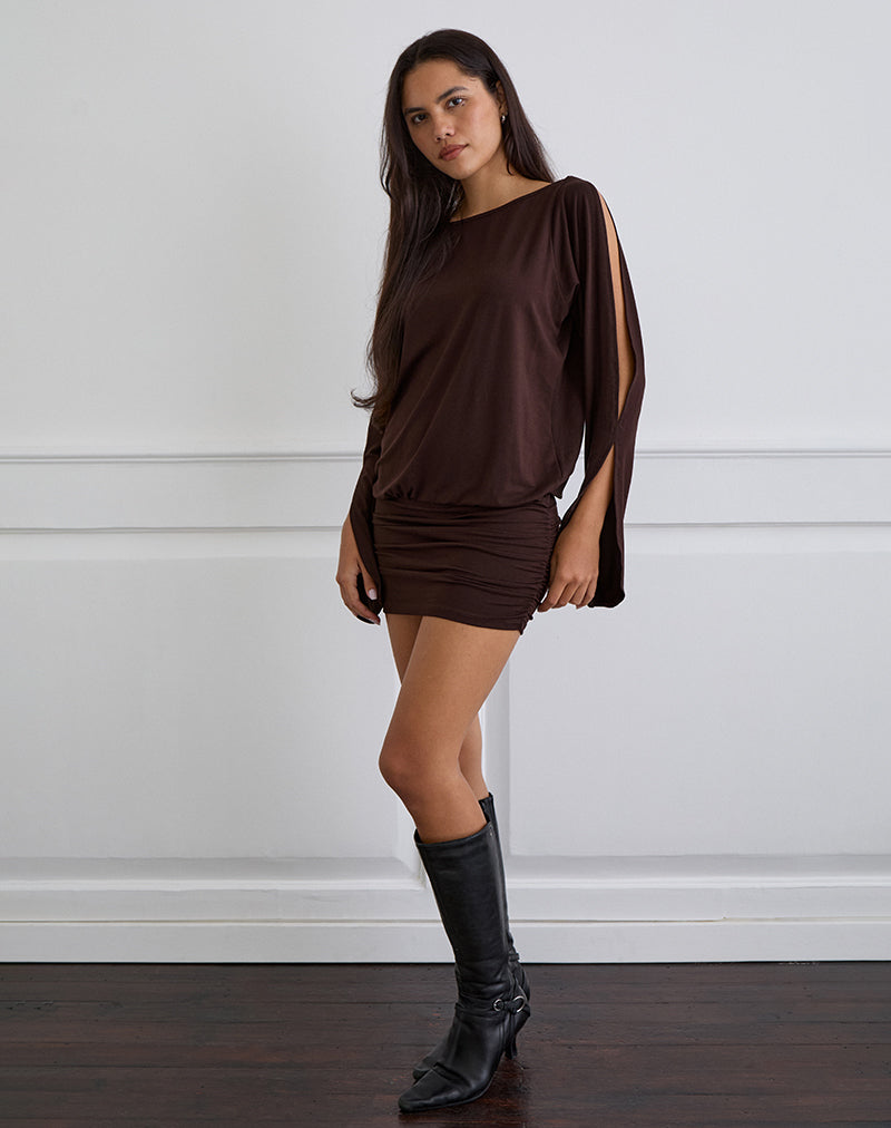 Mini Vestido de Manga Larga Sybe en Chocolate Amargo