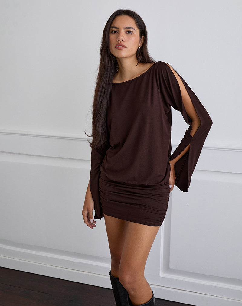 Mini Vestido de Manga Larga Sybe en Chocolate Amargo