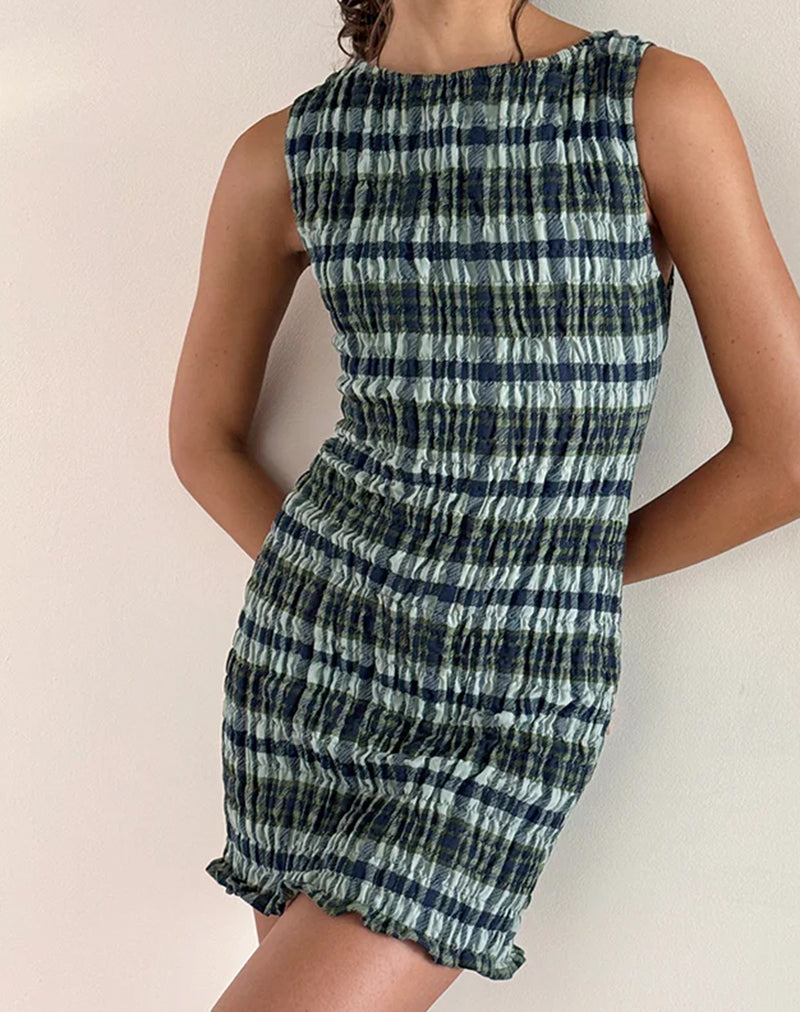 Mini Vestido Takayi en Lino Mono Check Verde