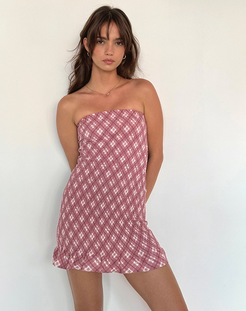 Mini Vestido Takiyo Bandeau en Tartán Rosa