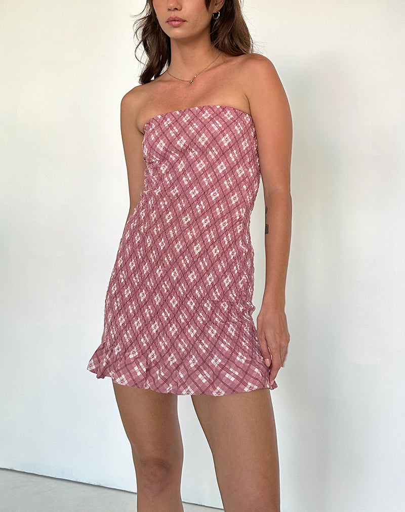 Mini Vestido Takiyo Bandeau en Tartán Rosa