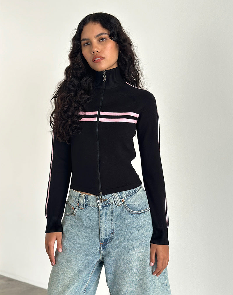 Imagen de Talisa Chaqueta con cremallera en negro con raya rosa