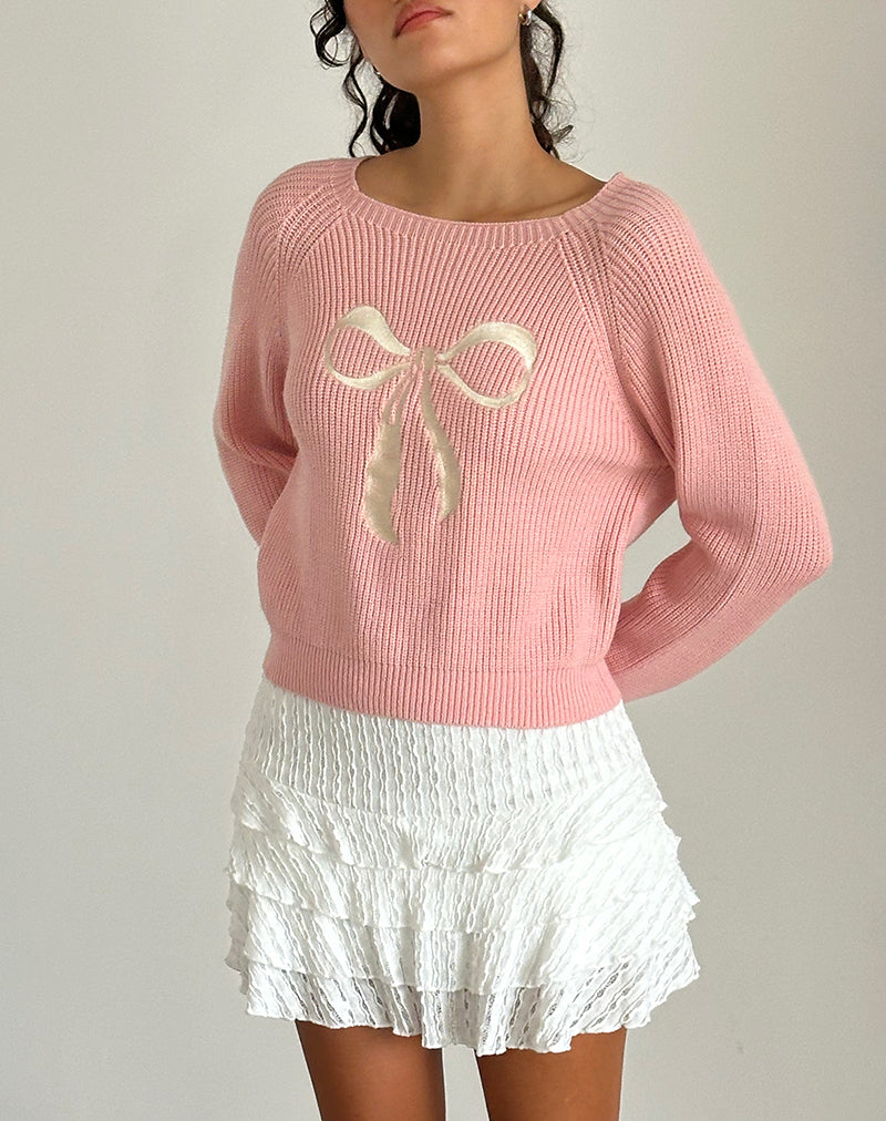 Jersey Tami de punto rosa con lazo blanco bordado