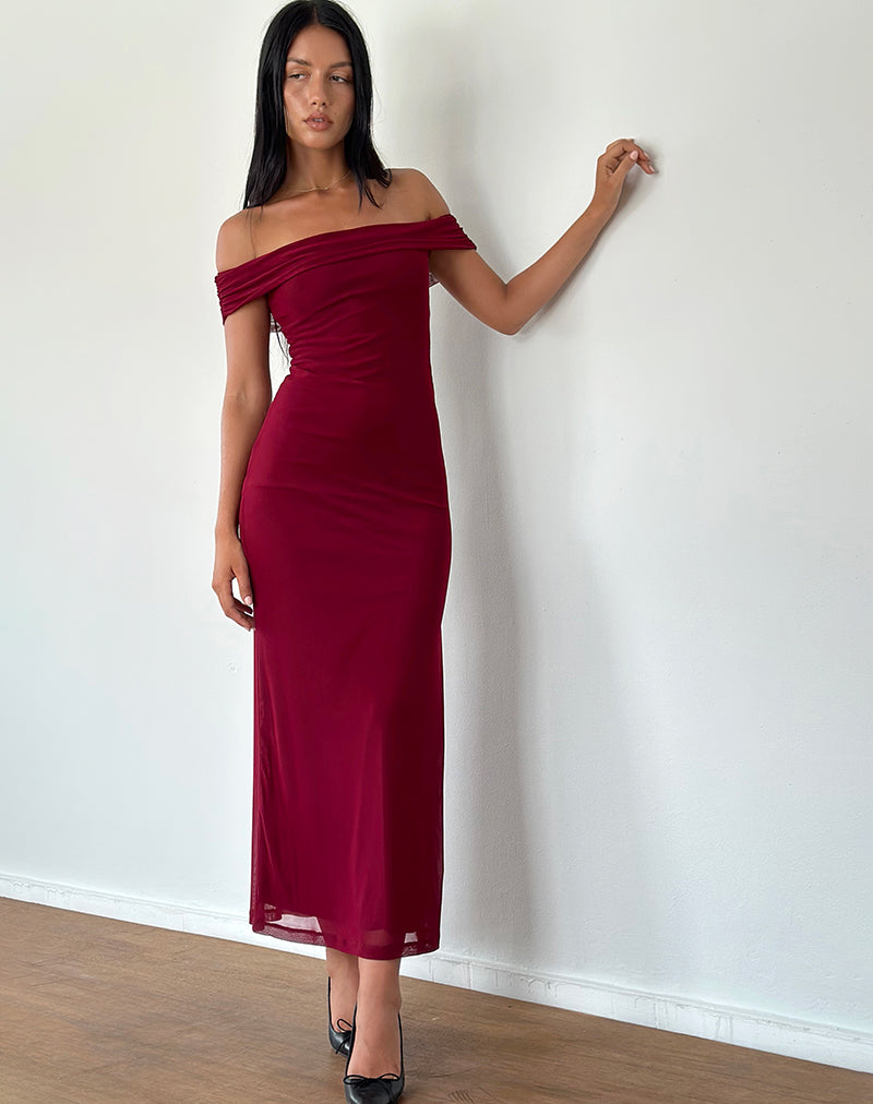 Tarna Maxi Vestido Bardot en Malla Borgoña