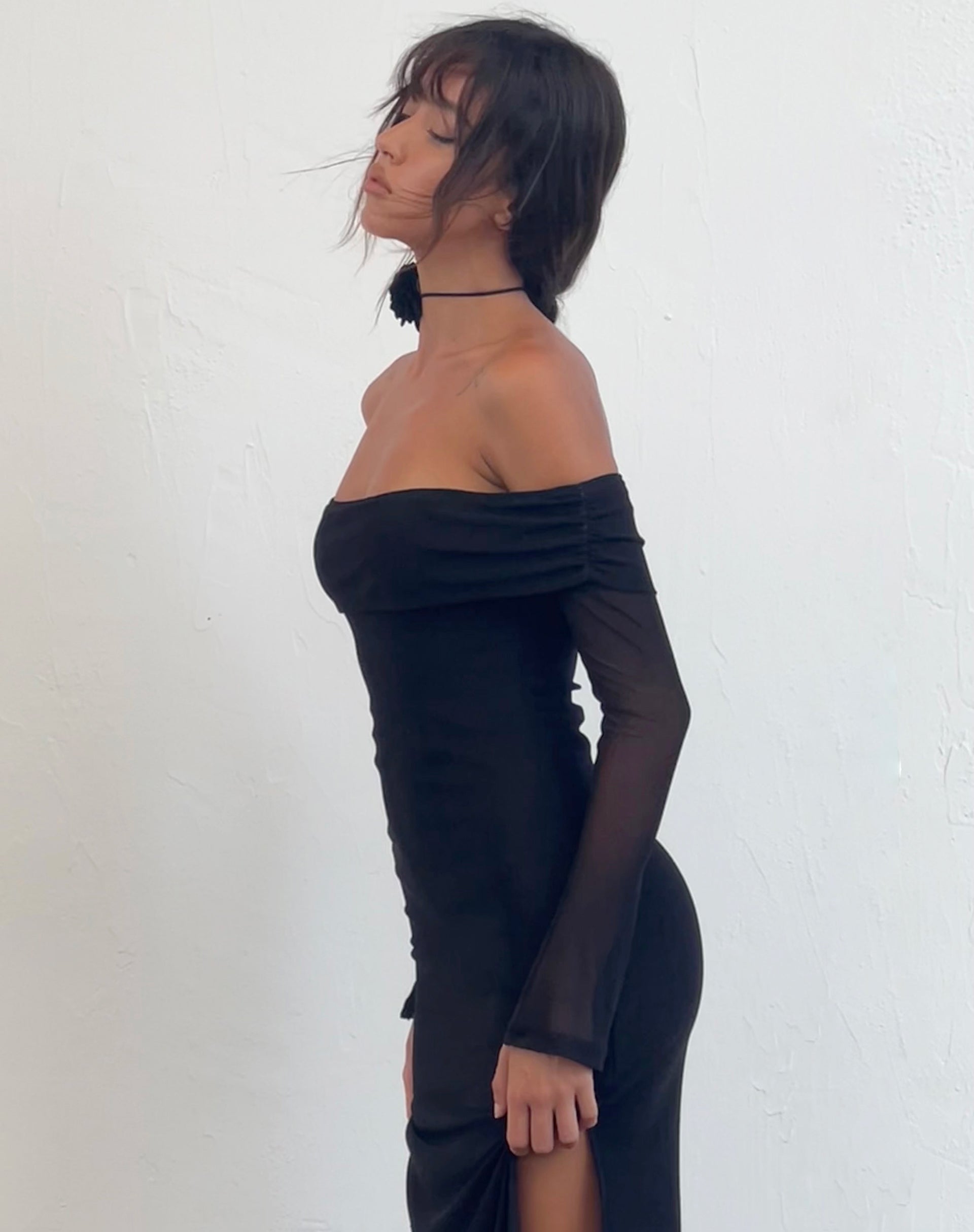 Imagen de Terika Bardot Maxi Vestido de Manga Larga de Malla Negro