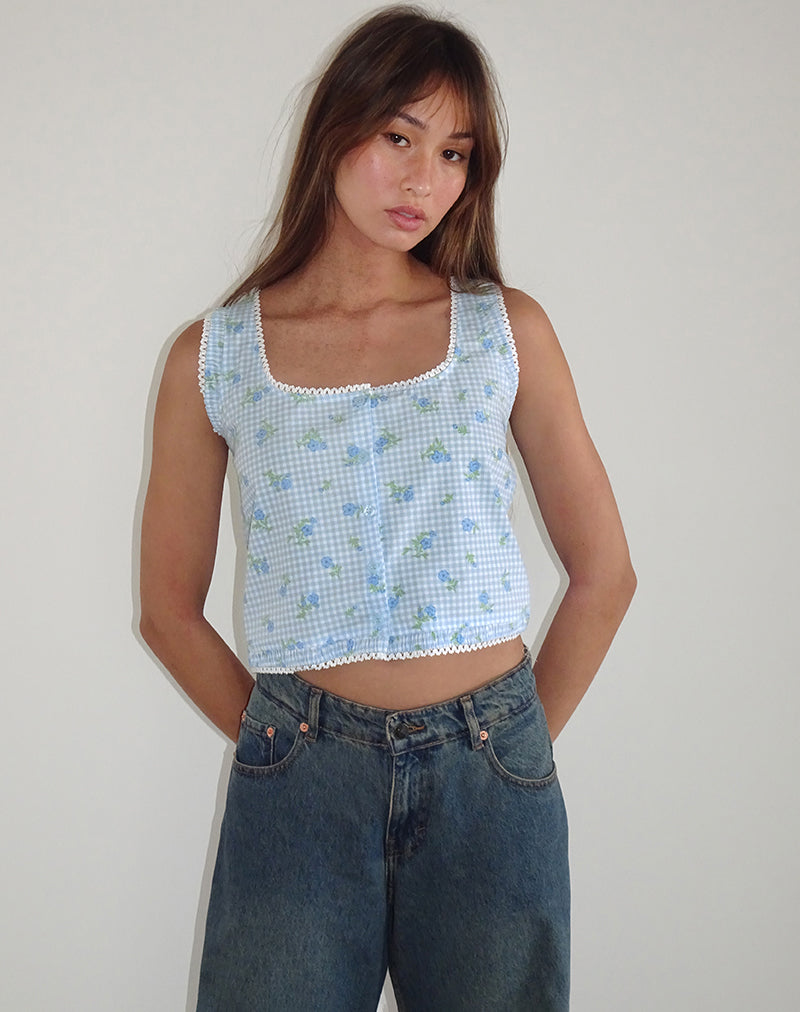 Top Ternya en guinga azul de flores