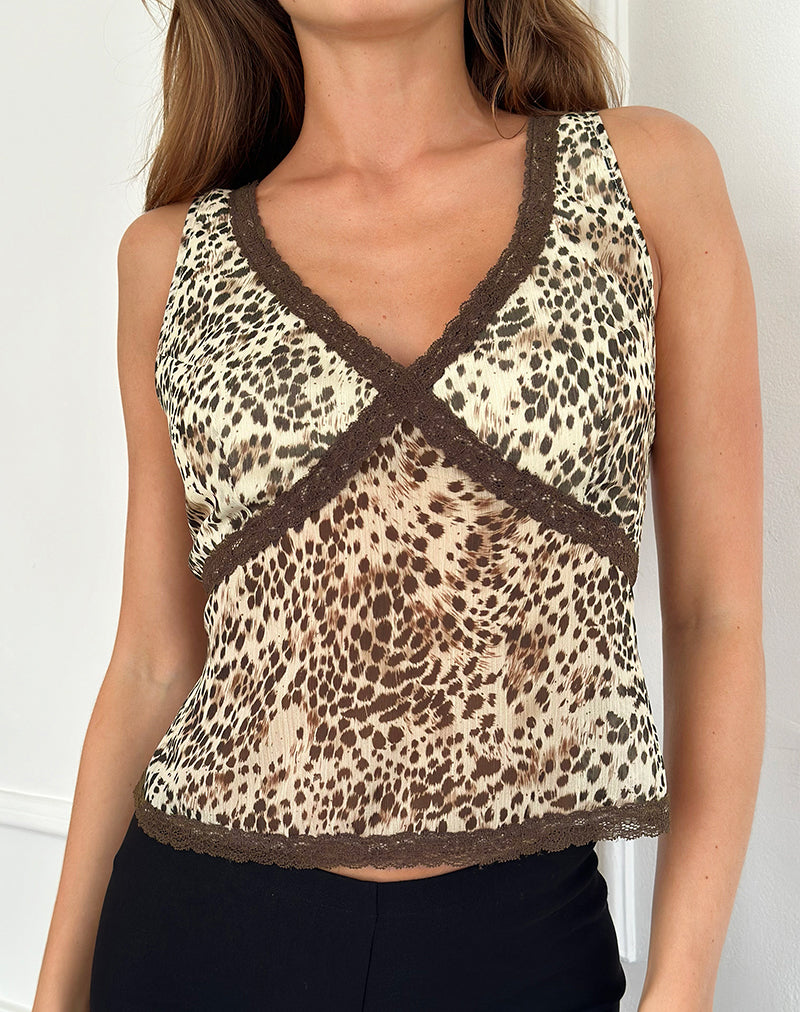 Top Timmy en leopardo salvaje con encaje marrón