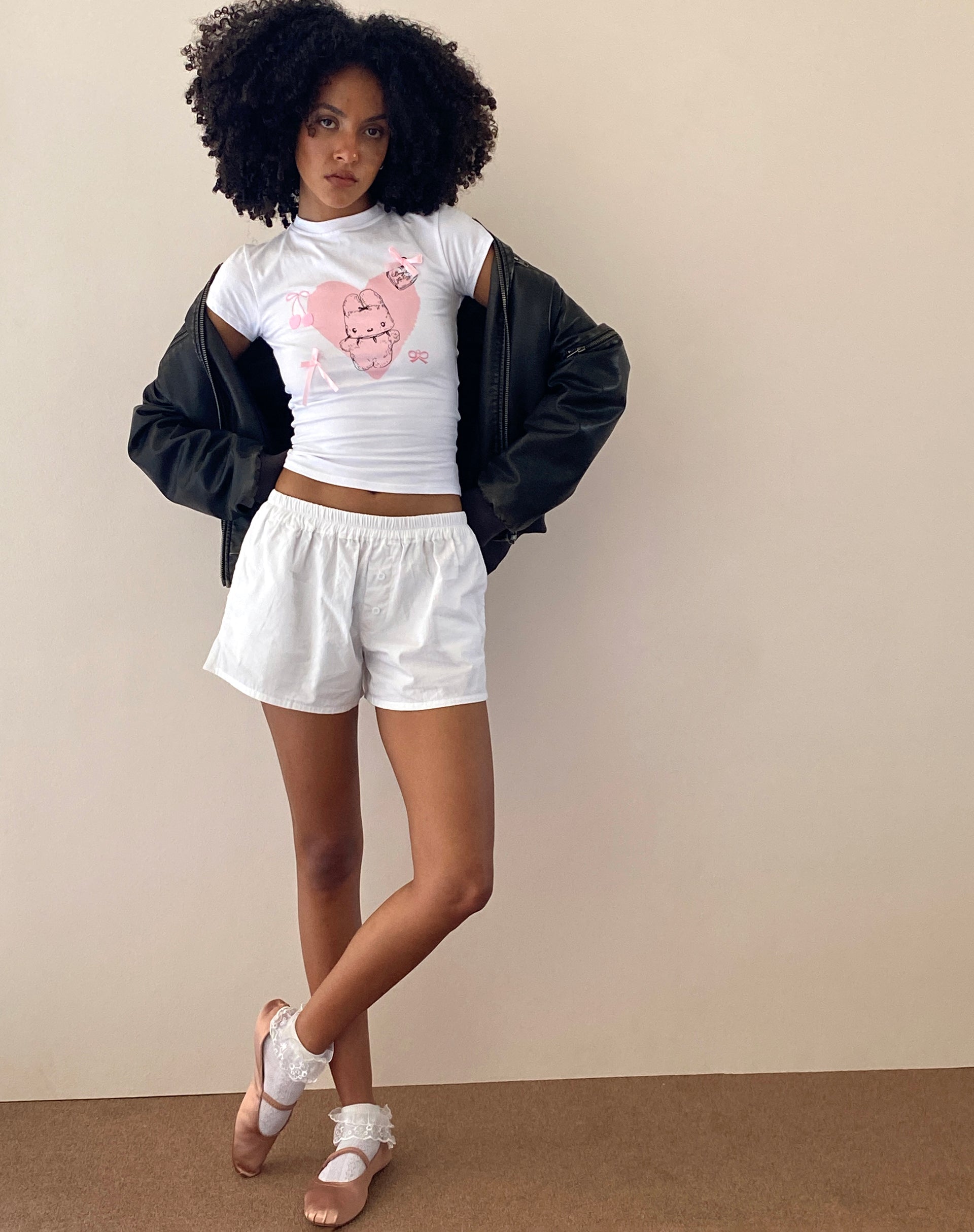 Imagen de Tiona Cropped Tee in White with Love Bunny Print and Embroidery