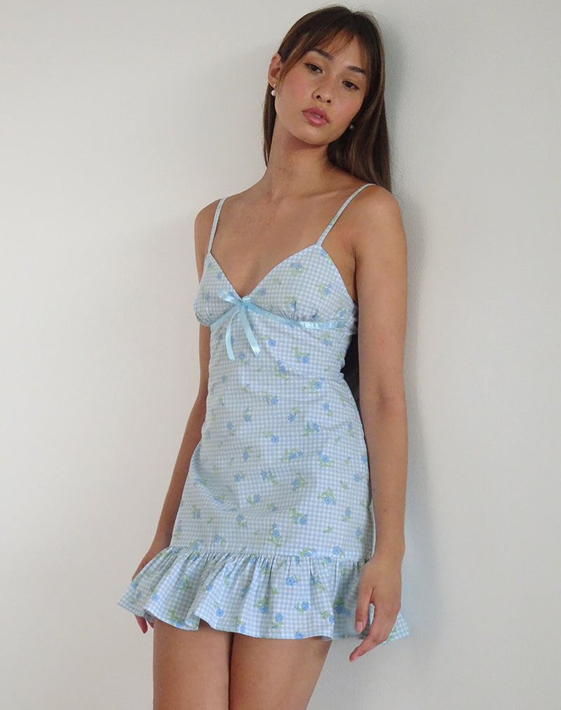 Minivestido Tivata en guinga azul de flores
