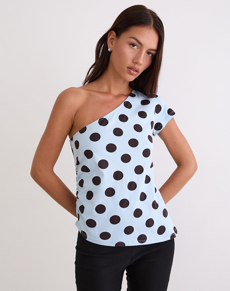 Imagen de Tokiwa Asymmetric Shoulder Tee in Big Polka Azul Marrón