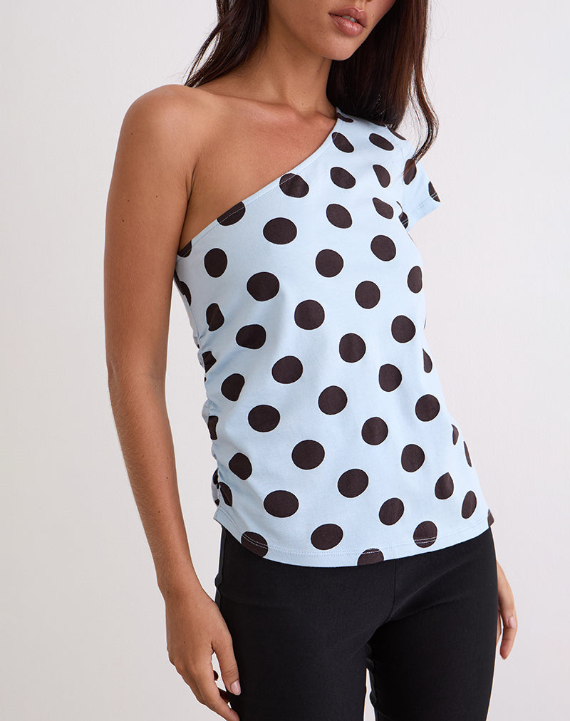 Imagen de Tokiwa Asymmetric Shoulder Tee in Big Polka Azul Marrón