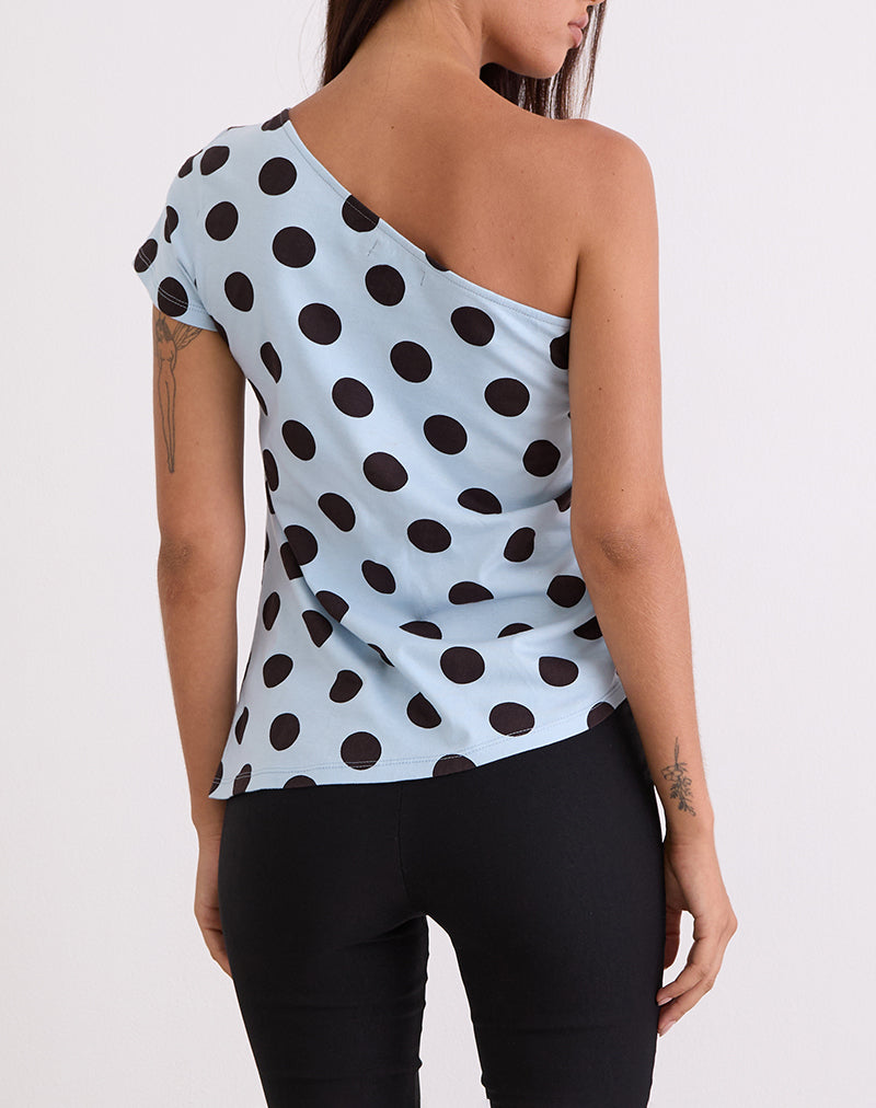 Imagen de Tokiwa Asymmetric Shoulder Tee in Big Polka Azul Marrón